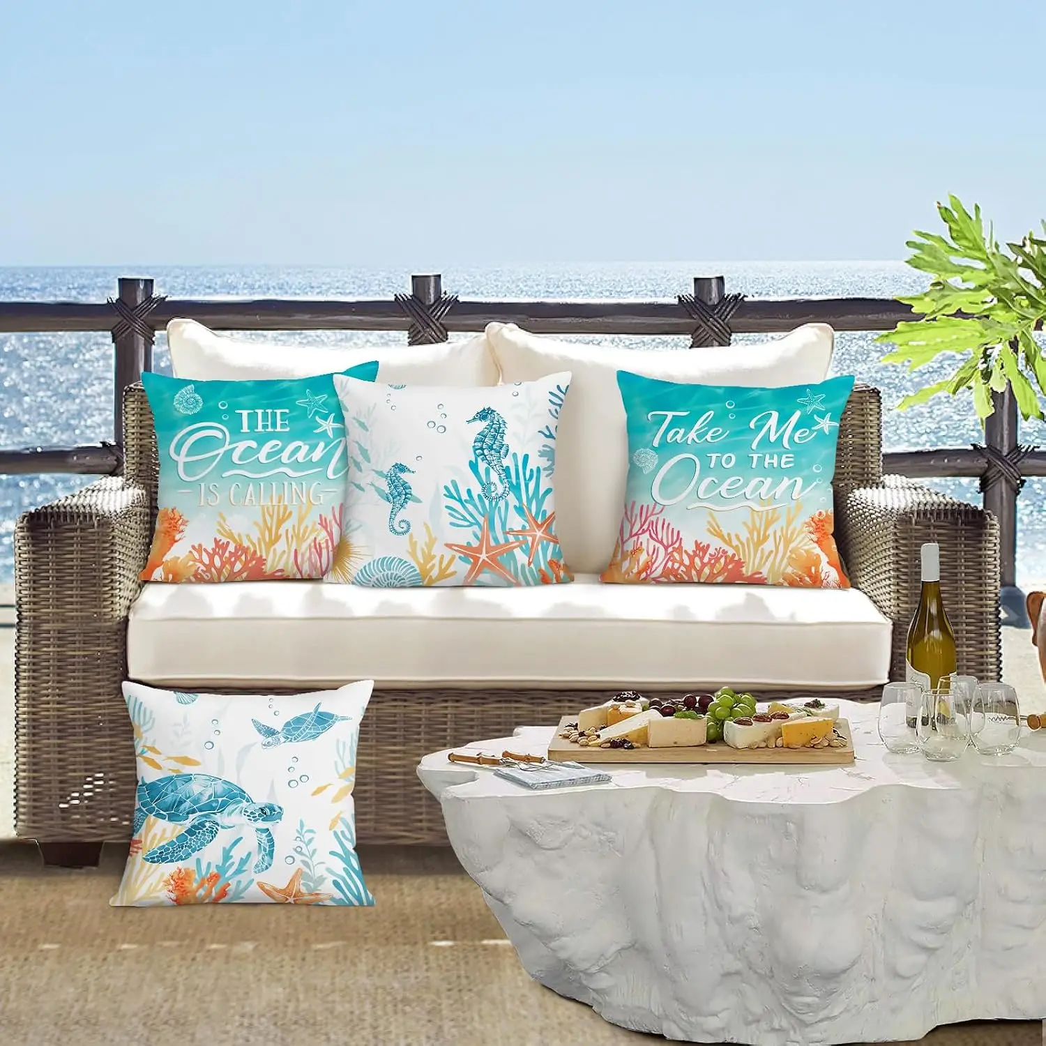 4PCS Ocean Theme Pillow Covers Beach Nautical Coastal Decor Throw Cushion Marine Life Turtle Coral Sea Art Accent Home Seashore