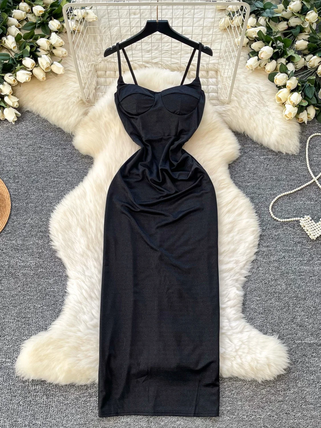 

Sexy V-Neck Slit Long Dress High Waist A-Line Women's Black Pure Desire Luxury Elegant Maxi Dress Commute Korean Style