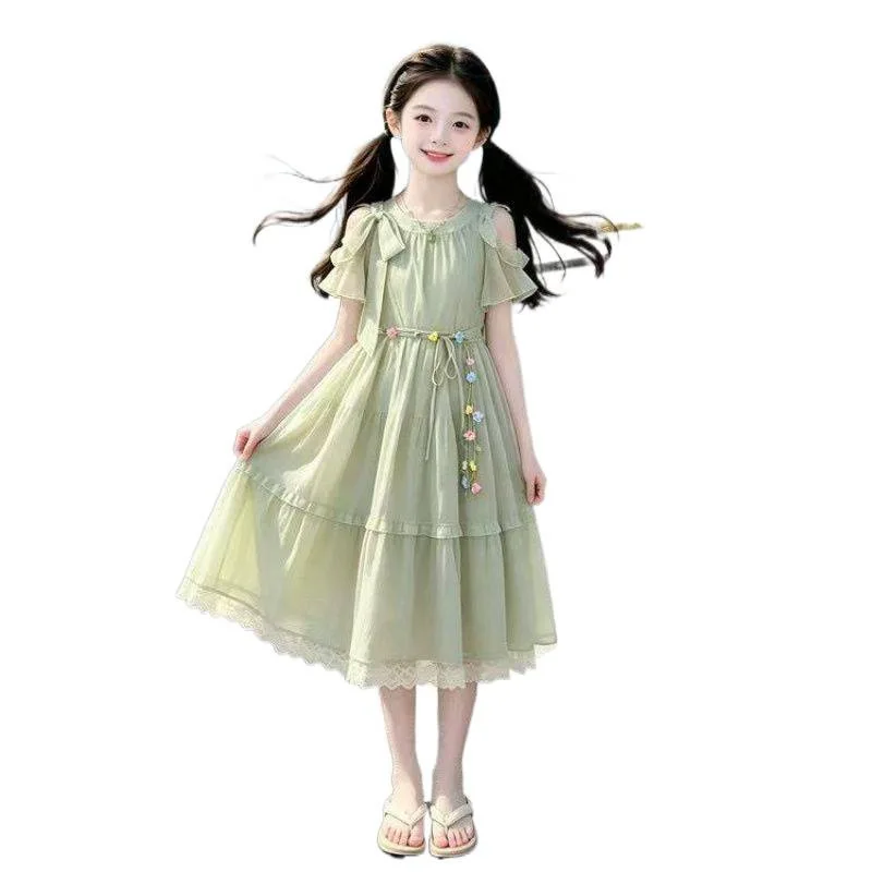 2026 Summer sleeveless floral kid party mesh lace princess Girls Mid Long Teenager bow fairy layered dress 4 8 10 12 14 Years