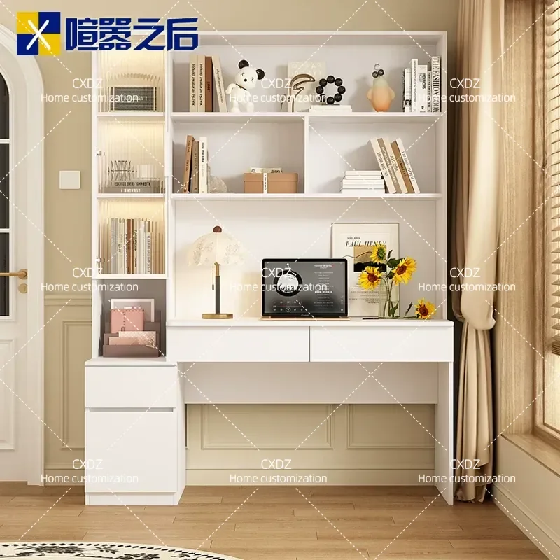 Cream Solid Wood Computer Desk with Integrated Bookcase and Wall Cabinet for Bedroom Home Office 2026 New Arrival