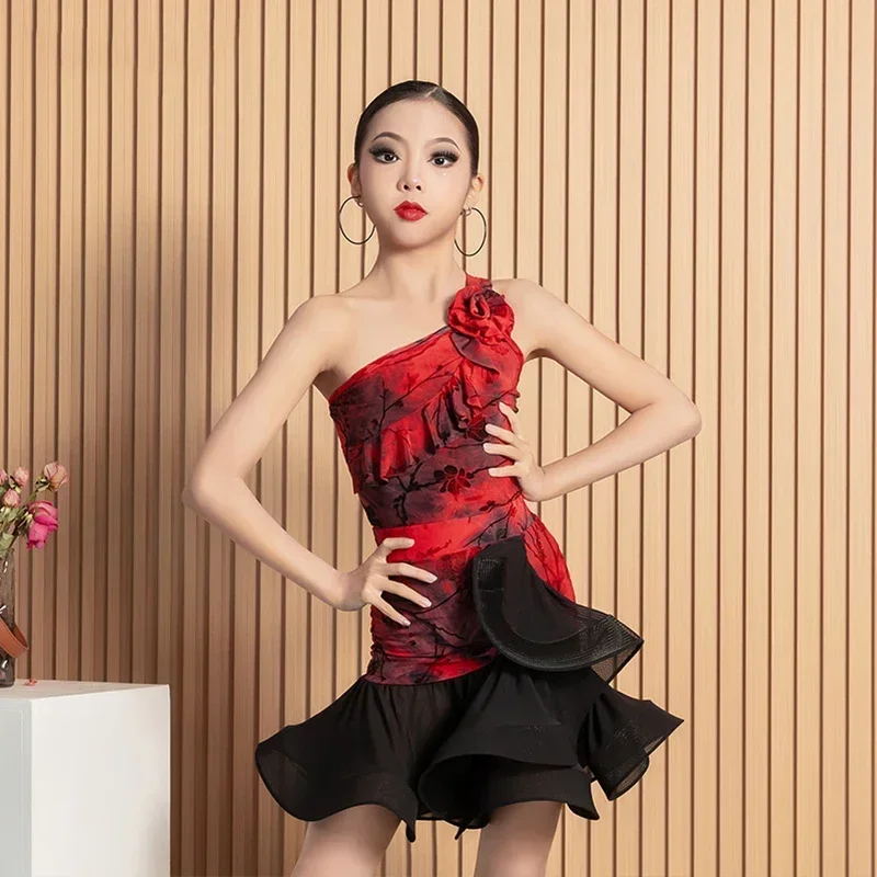 

New Latin Dance Set Girls' Red Samba Waltz Tango Practice Dress Childrens Dance Performance Clothing Line Dance Costume