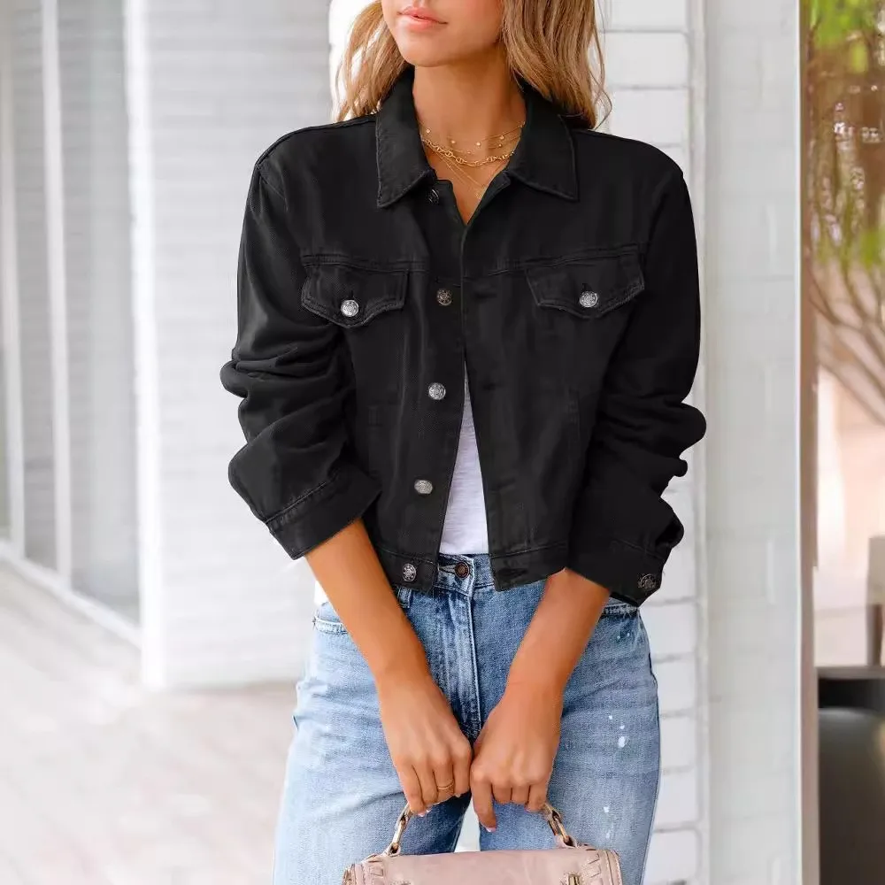 Women's Denim Jacket for Women with Notched Collar Long Sleeve Straight Fit Cropped Button Front Two Chest Pockets Light Wash