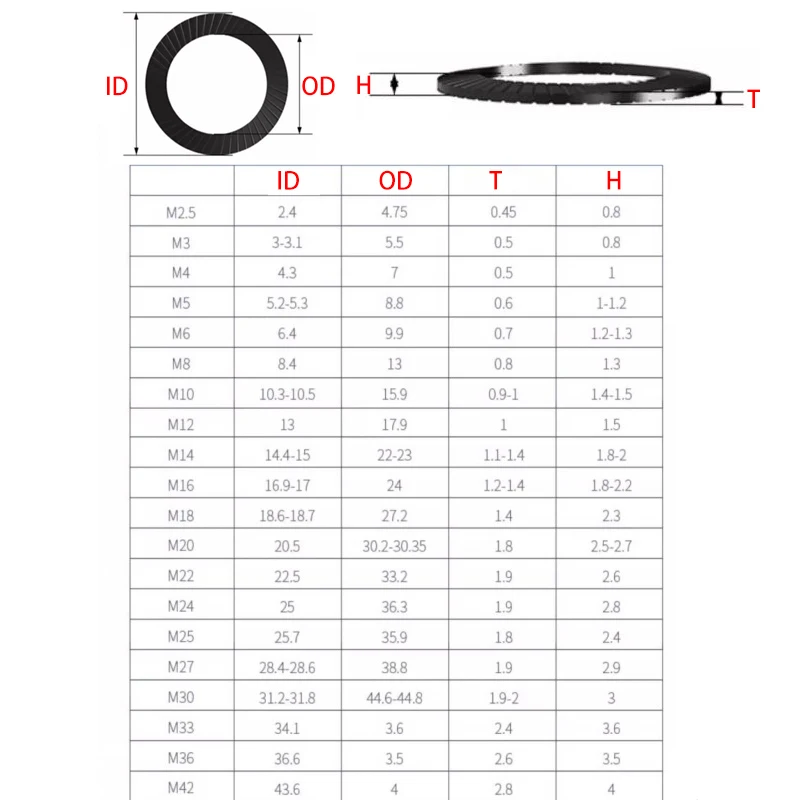 M2.5 M3 M4 M5 M6 M8 M10 M12 M14- M36 304 Stainless Steel/Black Carbon Steel Double-Sided Locking Washer Printing Oblique DIN9250