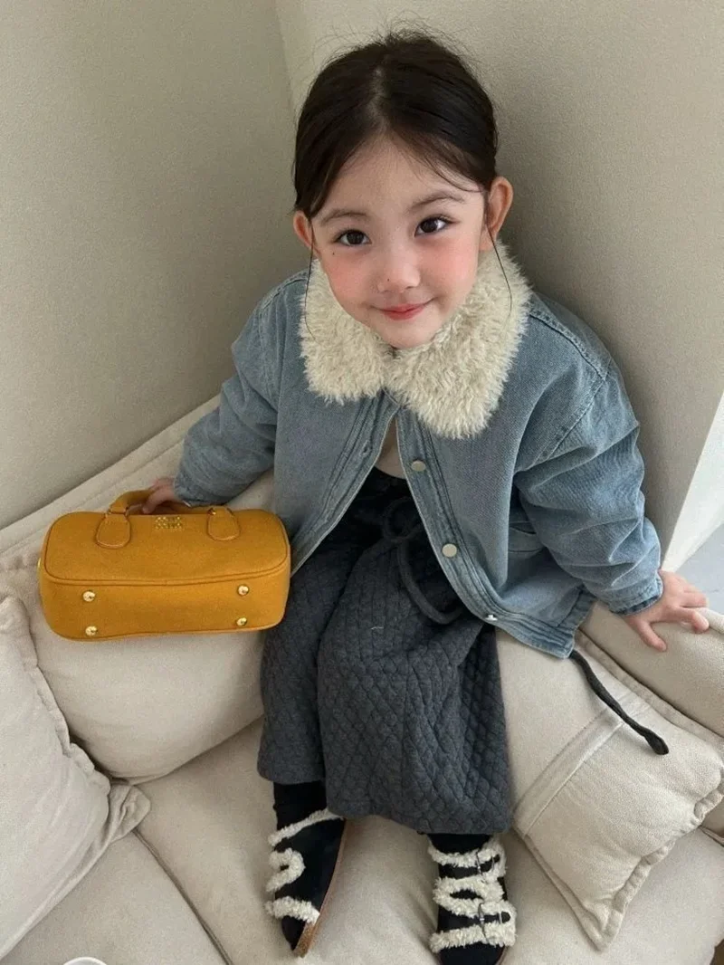 2 4 6 8 10 12Y فتاة في سن المراهقة أفخم الفراء طوق سترة الدافئة الدنيم عادية الخريف الشتاء معطف الأطفال 2026 نمط جديد #4