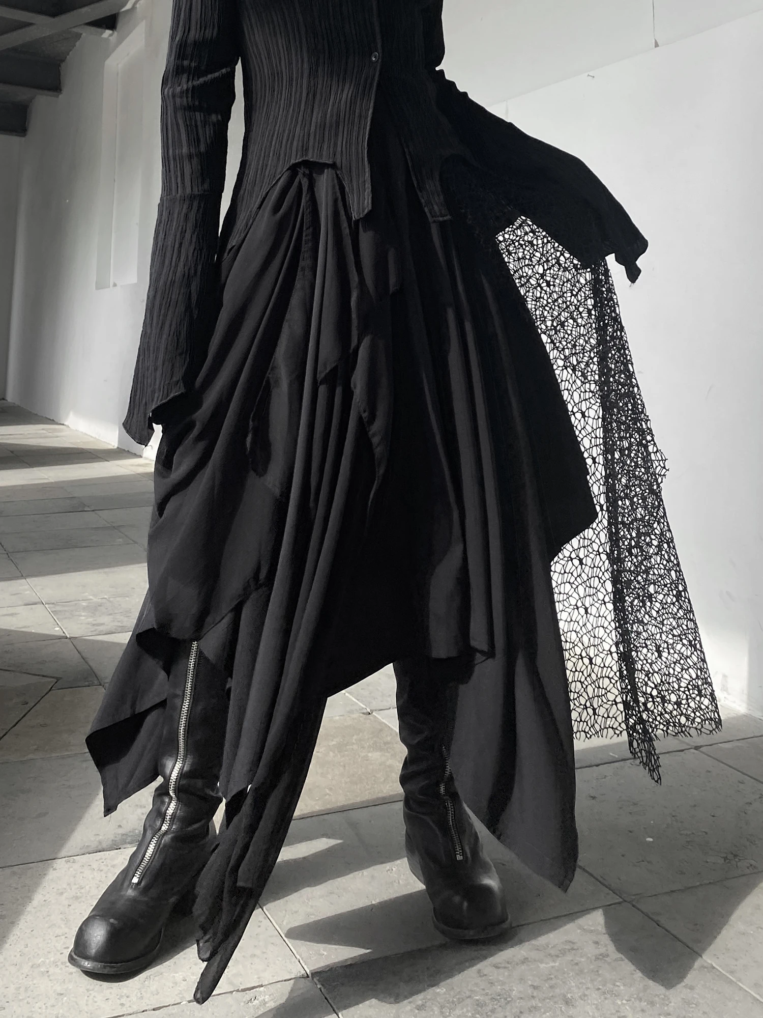 Dark Pioneer Heavy Industry Mesh Skirt with Various Fabric Splicing Breathable Polyester A-Line Skirt for Casual Wear
