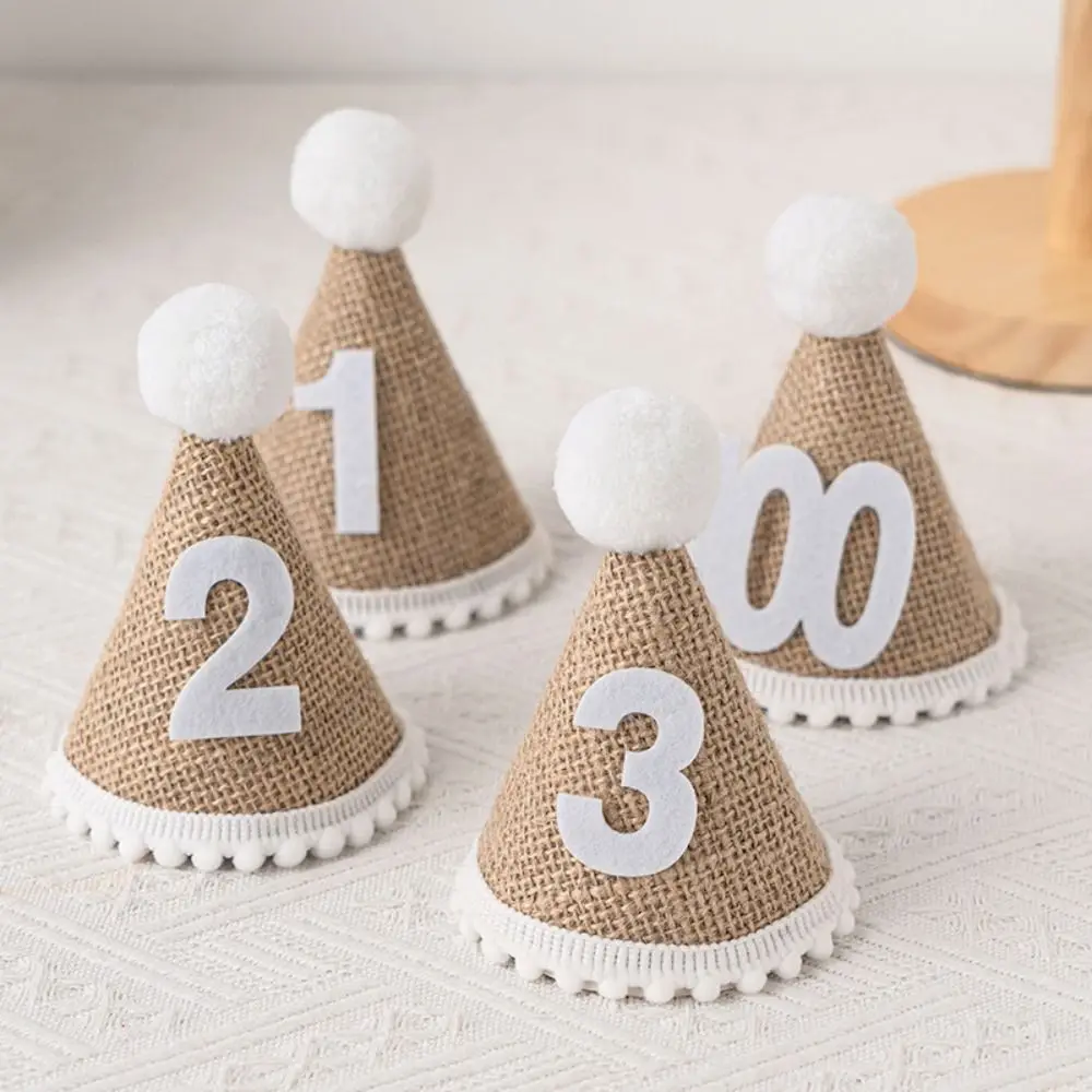 Burlap Material Burlap Birthday Hat 100-day Newborn Hat Newborn Size Birthday Party Hat with Ball Photo Props Birthday Hat