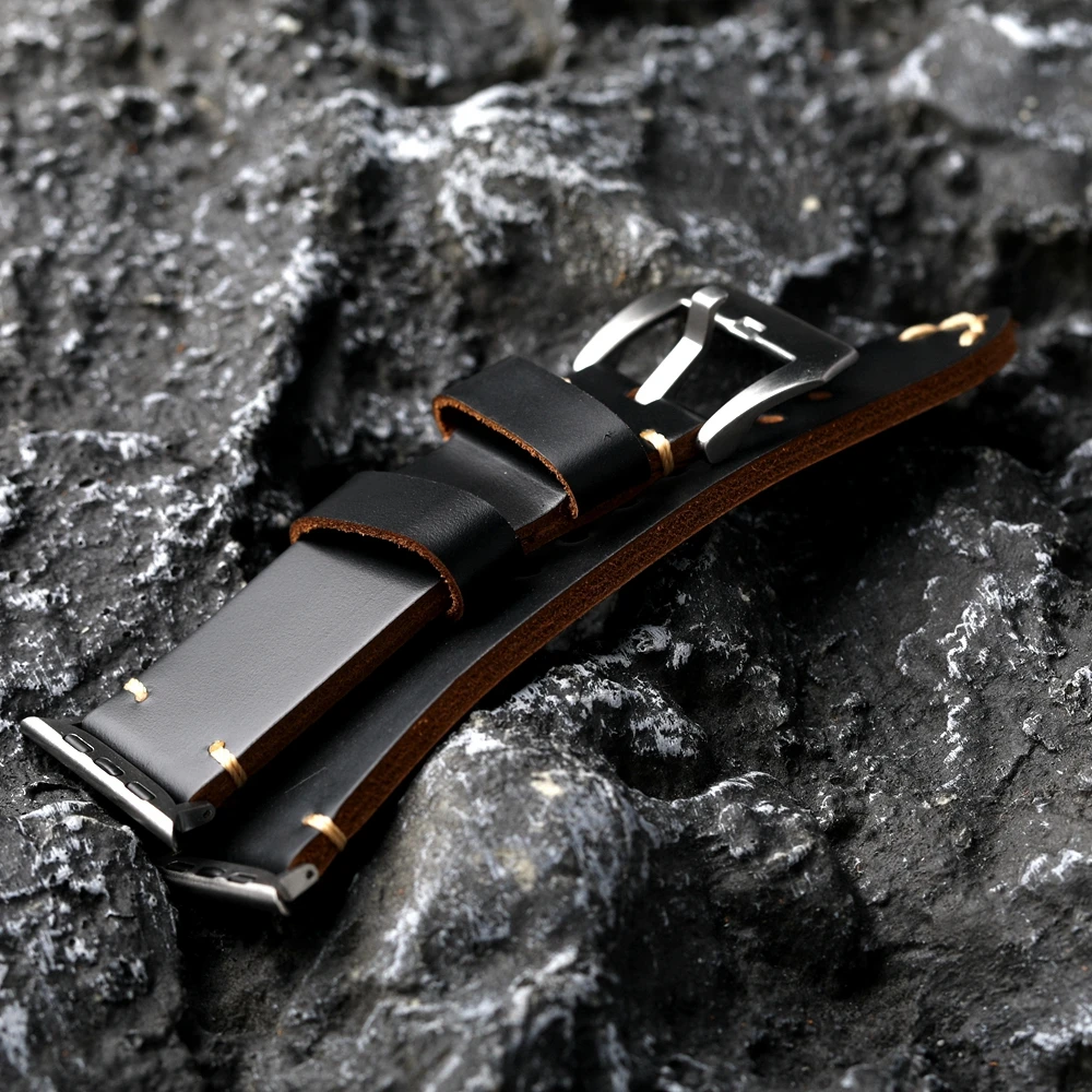 Handmade Black Genuine Leather Watchband For Iwatch Apple Watch Ultra 2 S9 S8 49mm 45mm Tough Guy Leather Thickened