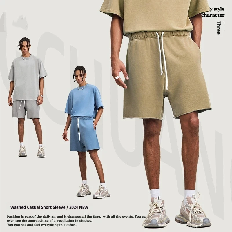 Asian siz Summer Retro Washed Shorts Drawstring Loose Raw Edge 420g Solid Knee Length Cotton Streetwear Casual Breathable Shorts
