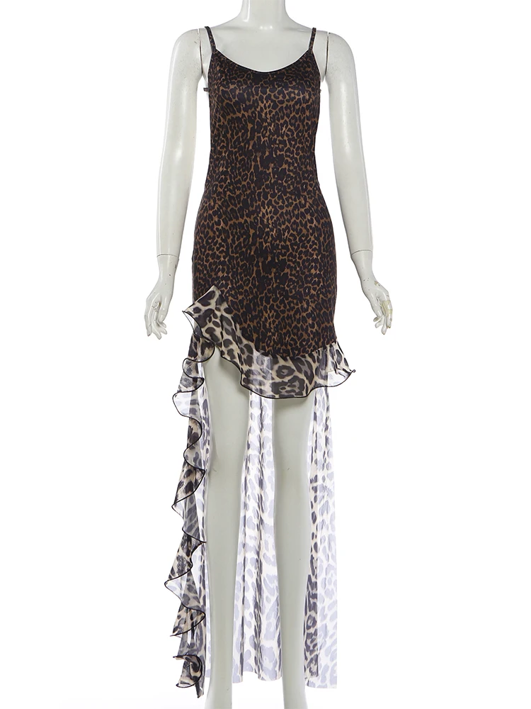Weird Puss Bandage-Kleid mit offenem Rücken für Damen, Leopardenmuster, Mesh-Patchwork, unregelmäßiger Saum, tiefer Ausschnitt, modischer Trend, Party, figurbetont – Detail 3