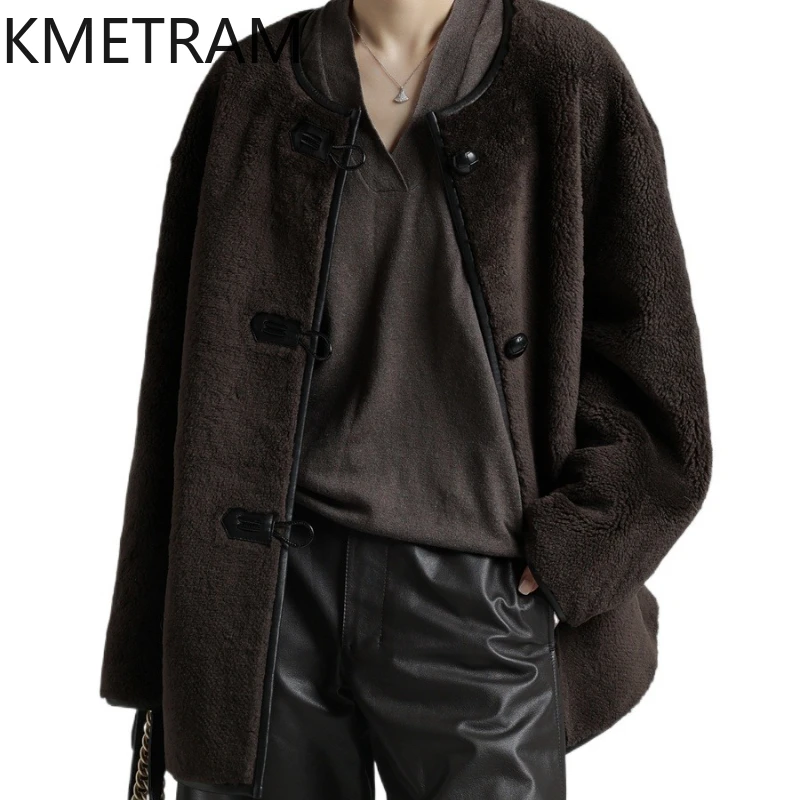 معطف فرو صوف ميرينو طبيعي 100% من KMETRAM سترة نسائية متوسطة الطول من الفرو الحقيقي للخريف والشتاء ملابس كبيرة الحجم 2025 أربعة نسائية