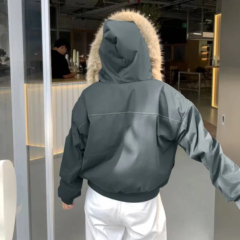 2025 Parkas con capucha y cuello de piel Retro americano tendencia High Street Chaqueta corta de invierno para mujer moda prendas de vestir acolchadas de algodón