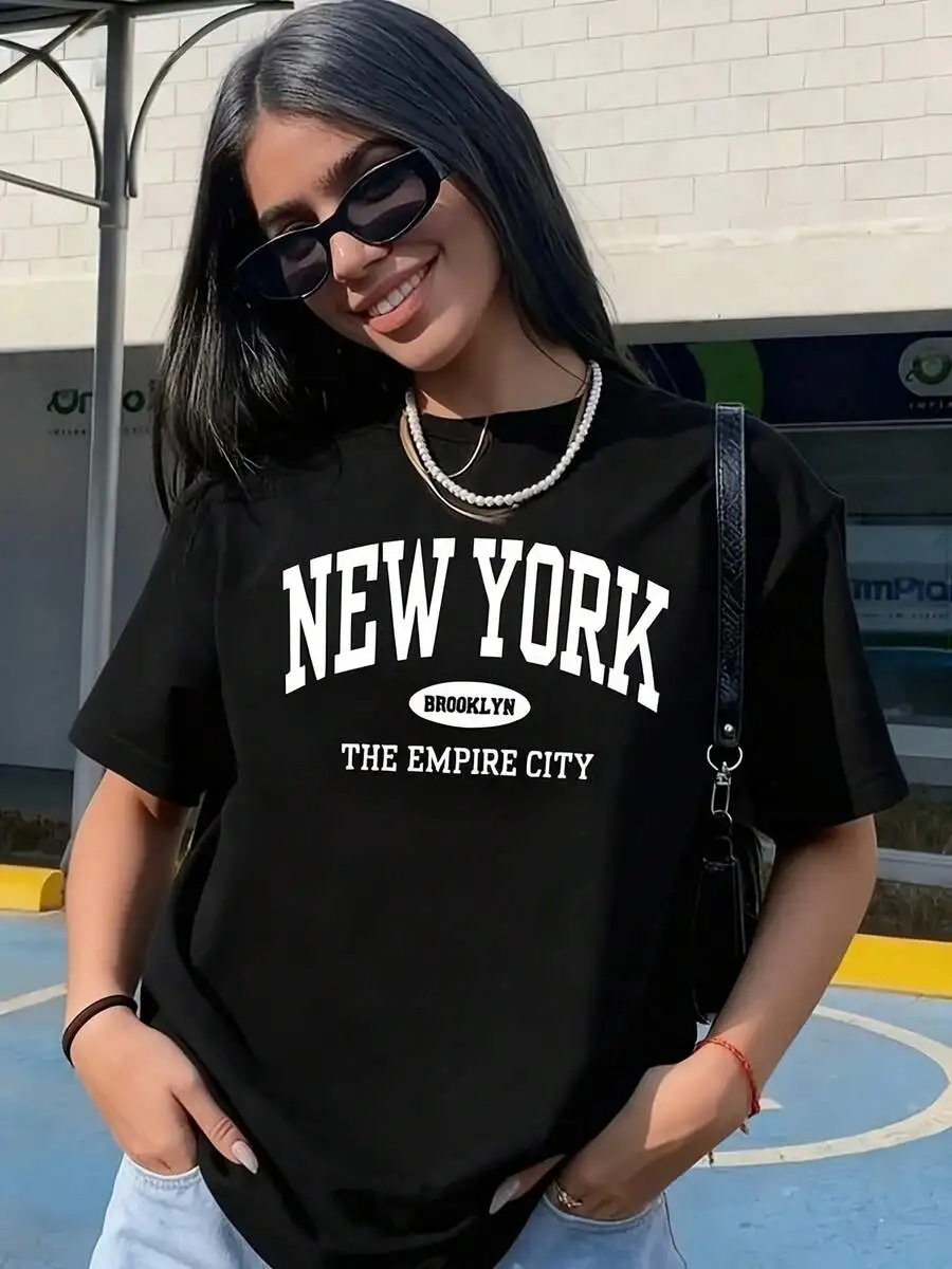

New York Brooklyn The Empire City Printed T-Shirt Women Loose Cotton Short Sleeve Crew Neck Tee