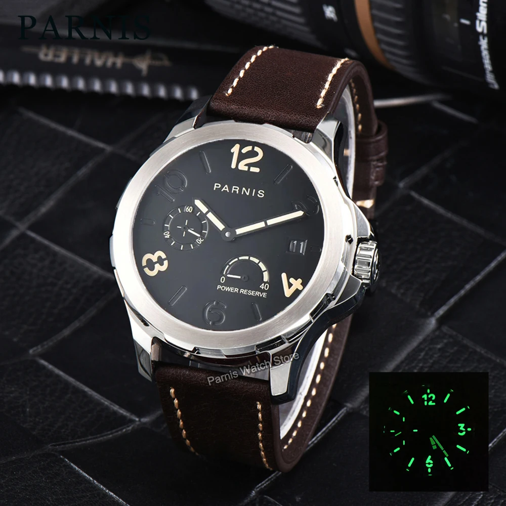 Parnis 44mm Silver Case Automatic Mechanical Men Watch Power Reserve Indicator Luminous Marker Sapphire Crystal Watch for Men