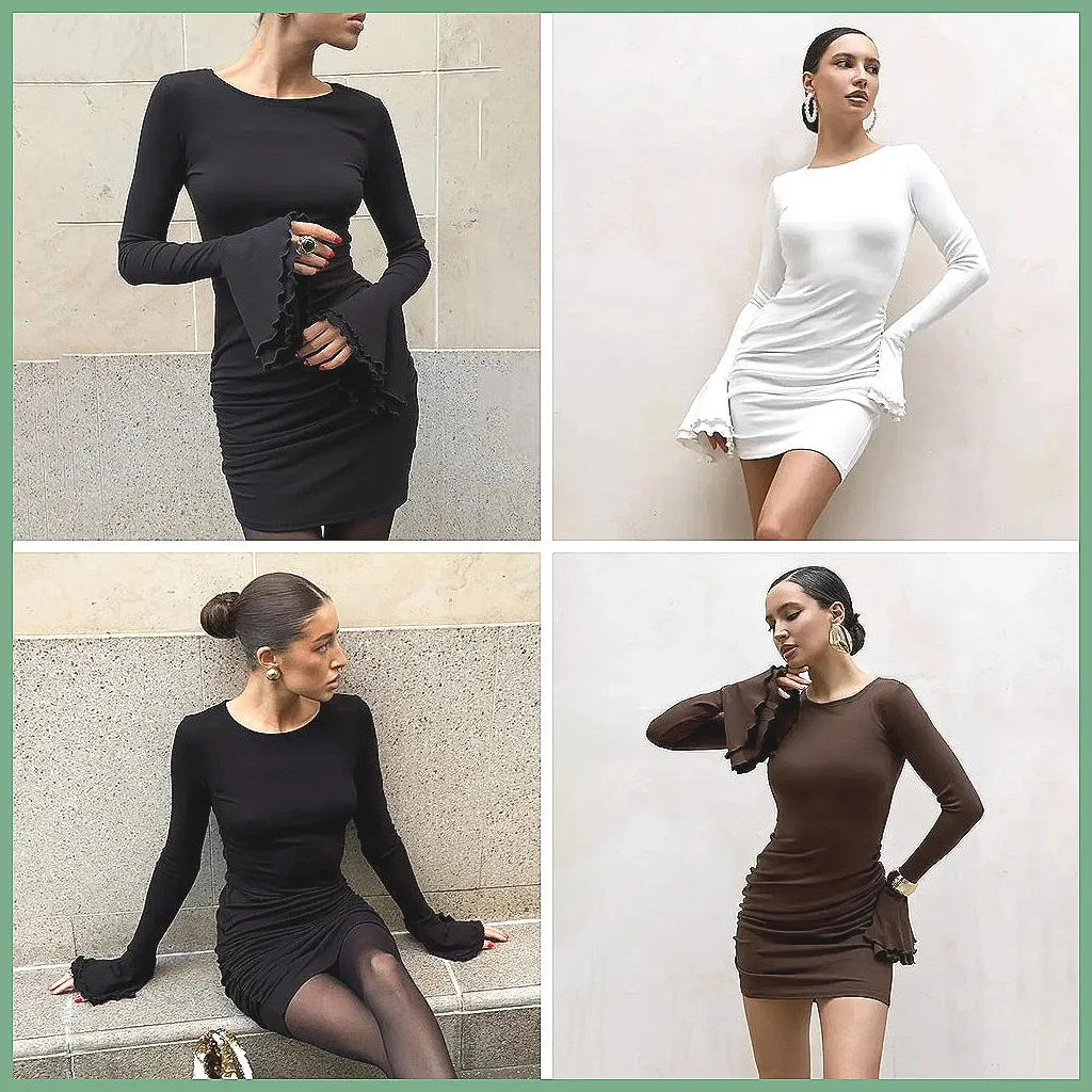 

Autumn Women's Sexy Party Dress, Slim Fit High Waist, Flare Sleeve & Pleated Skirt