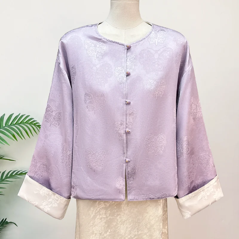 Round Collar Elegant Cheongsam Solid Jacquard Daily Outwear Qipao Tops Jackrt Long Sleeve Chinese Style Vintage Button Coat