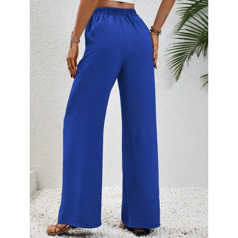 2025 Women's Casual Lace Up Thigh Pants Spring Summer New Solid Color Floor Sweeping Wide Leg Trousers Pocket Long Khaki Pant