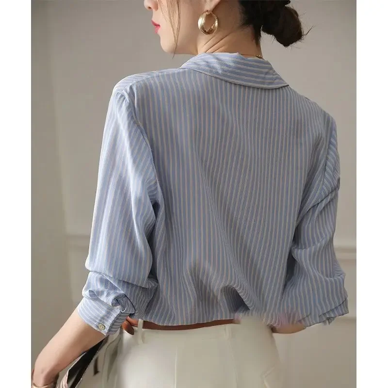 Blusa de escritório estilo coreano feminina, listrada azul, manga comprida, gola virada para baixo, camisa casual solta, lj557, moda verão, primavera