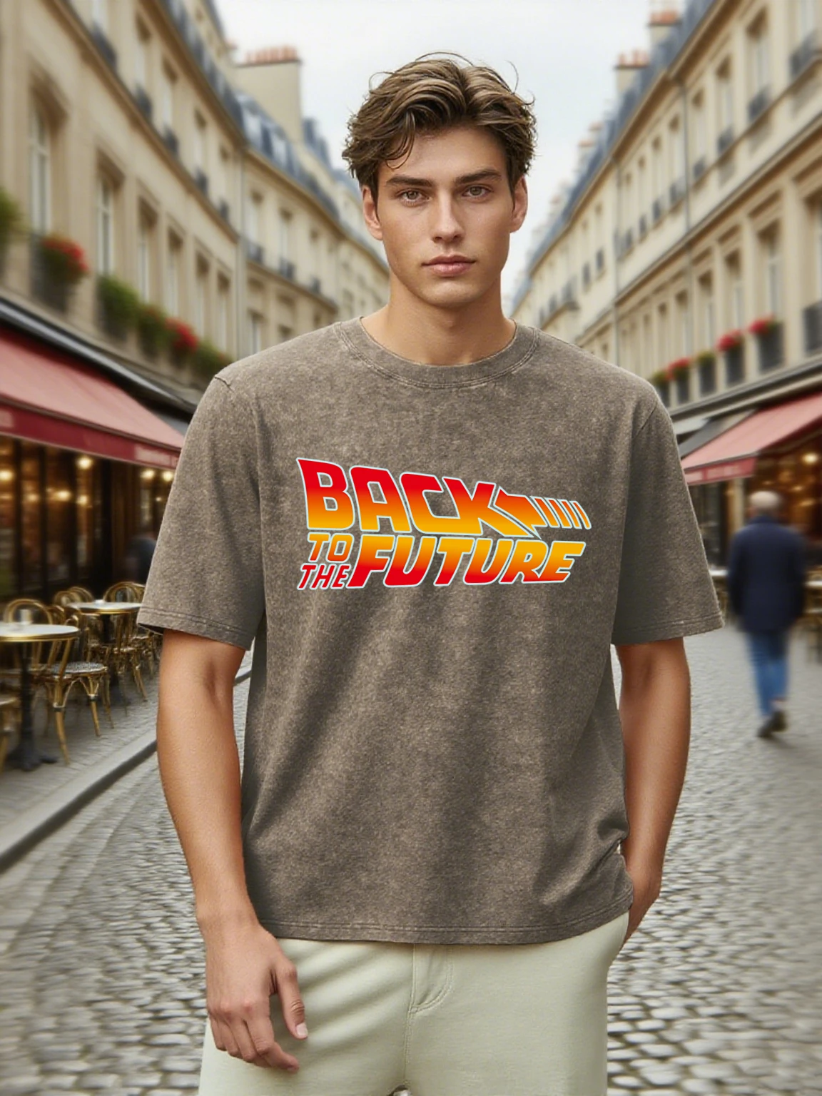 

Back To The Future Pattern Washed T-Shirt Men Casual Breathable T Shirt Unisex Fashion Hip Hop Wash Shortwear Loose Cotton Top