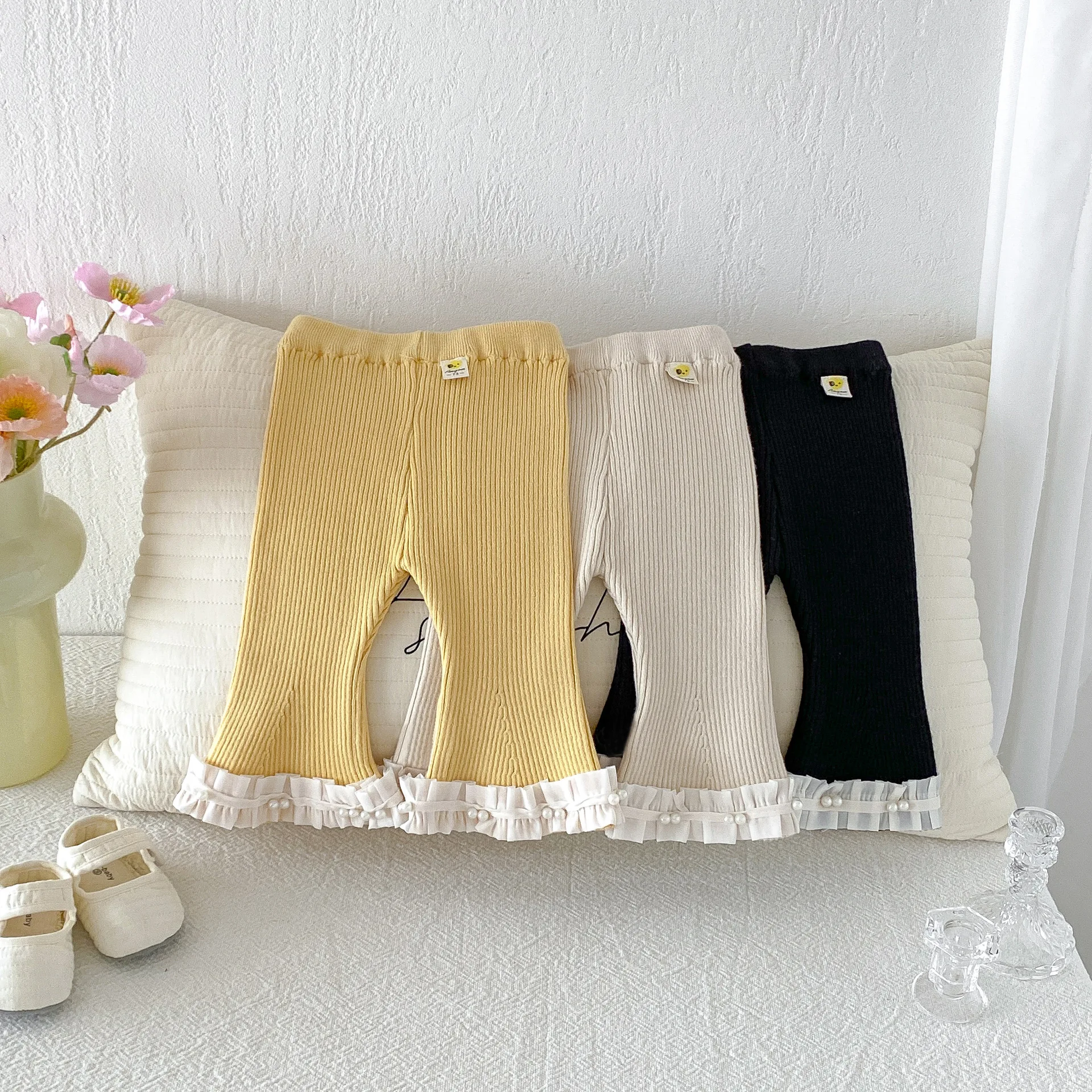 Girls Pants 2026 Spring and Autumn New Children's Clothing Korean Style Girl Baby Western Leisure Knit Lace Micro Flare Pants