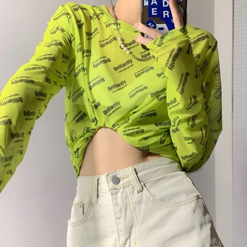 

Модная женская летняя тонкая футболка с длинным рукавом и принтом, сетчатая, в корейском стиле, с круглым вырезом, свободного кроя