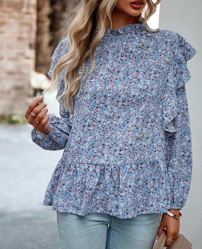 

Floral Shirt Women's Round Neck Lantern Long Sleeved Ruffle Edge Design Thin Fashion Casual Versatile Summer Top for Commuting