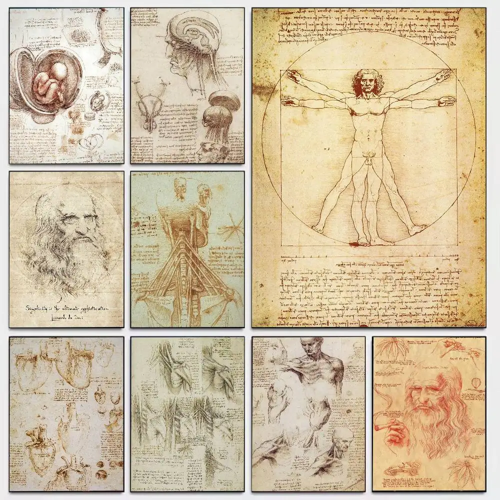 Leonardo Da Vinci Manuscript Vitruvian Man Poster Art With Prints Home Bedroom Living Room Decoration Gift