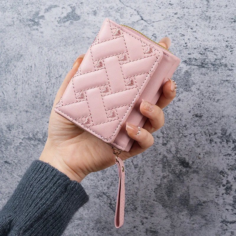 New Fashionable Women's Wallet Minimalist Embroidered Heart Tri-Fold Card Holder PU Coin Purse Multi-Card Compartment Wallet