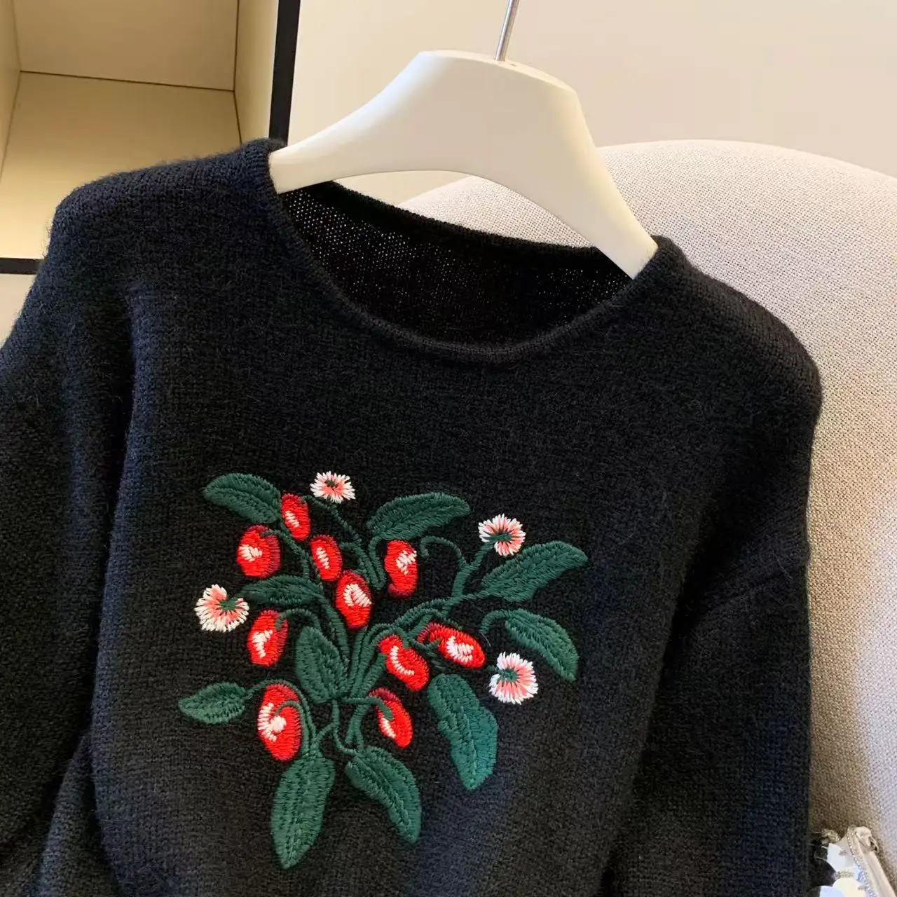 Pullover ricamato gotico nero da donna maglione coreano vintage anni 2000 Y2k maglione lavorato a maglia maniche lunghe maglione con o-collo primavera autunno