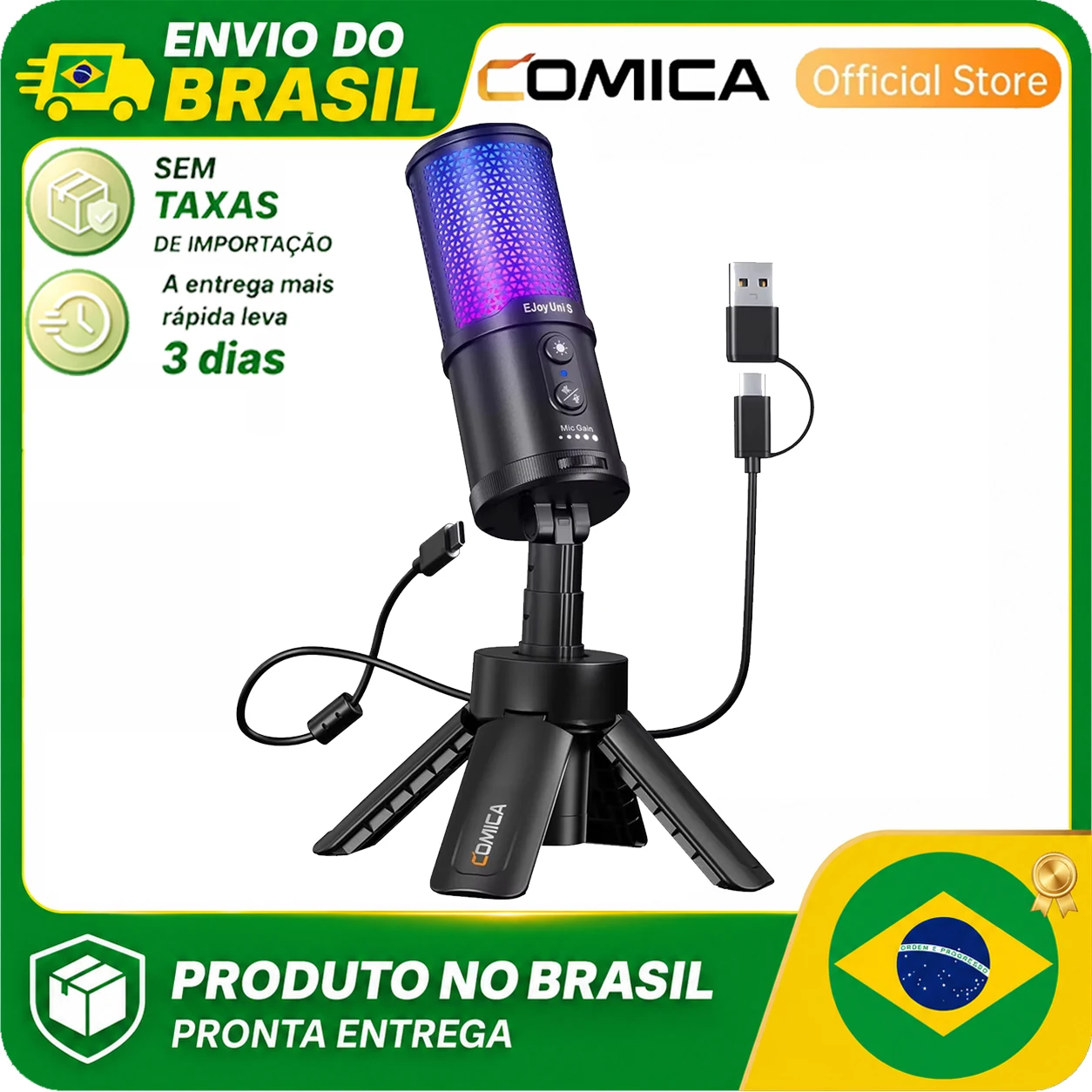 COMICA Ejoy UNI S, Microfone Condensador USB RGB para Jogos com Controle de Ganho e Monitoramento de Ruído AI para Streaming em PC, PS4 e PS5