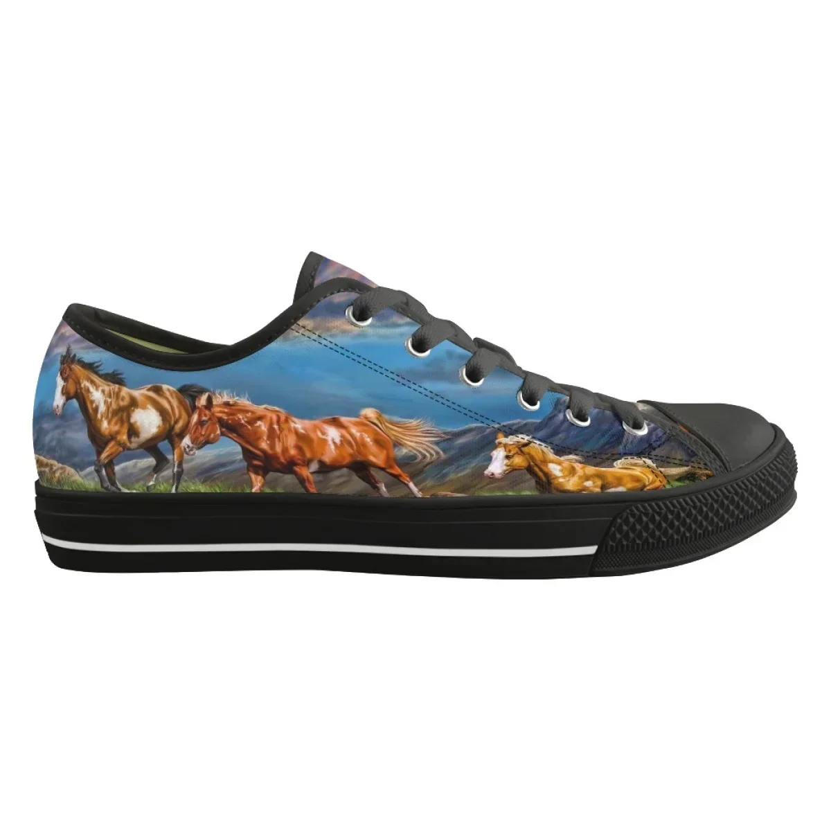 Summer Autumn New Sneakers For Ladies Casual Flat Shoes Hot Running Horse Art Pattern Print Classic Lace Up Low Top Canvas Shoes