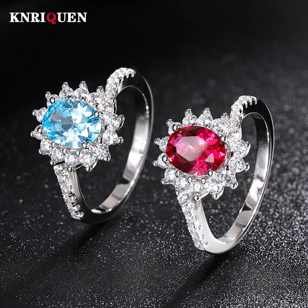 

Vintage 100% 925 Real Silver 6*8mm Aquamarine Ruby Rings for Women Gemstone Wedding Ring Cocktail Party Fine Jewelry Female Gift