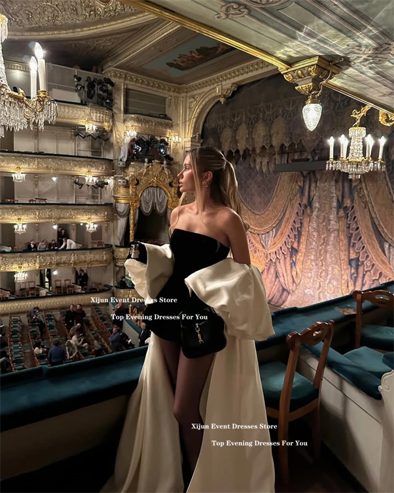 Elegant Black and White Strapless High-Low Evening Dress