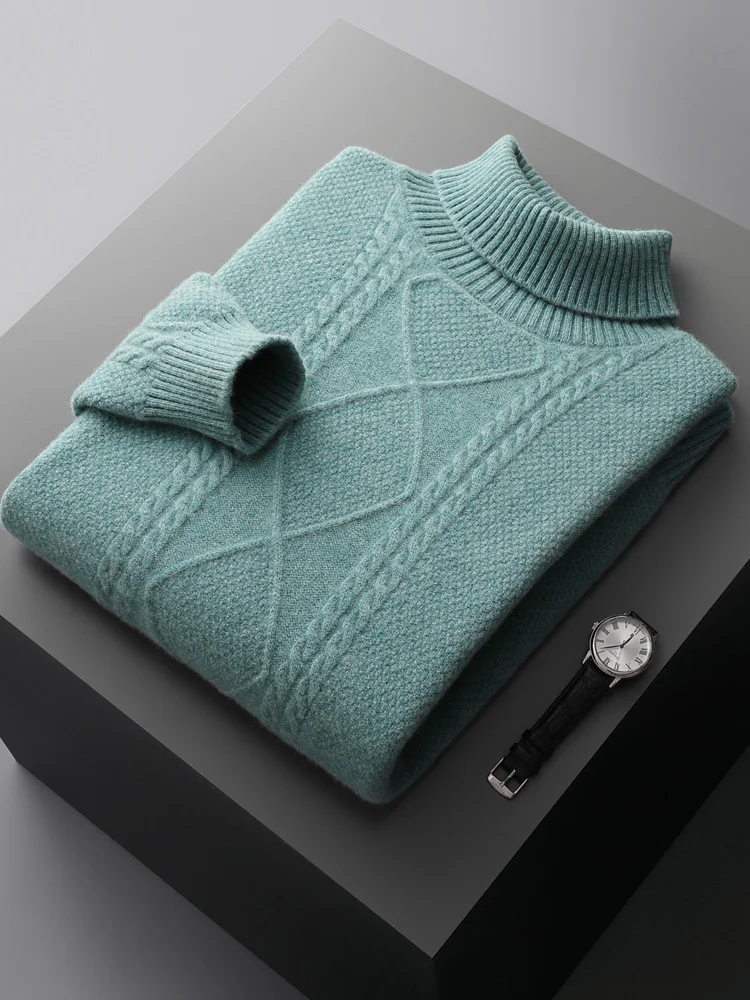 

Men Turtleneck Cashmere Sweater Autumn Winter Thick Pullover 100% Merino Wool Knitwear Twist Flower Knitting Warm Casual Tops