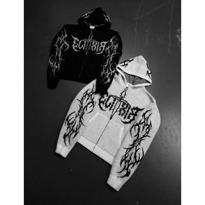 

2025 autumn and winter new European and American hip-hop style dark print design slimming loose zipper sweater