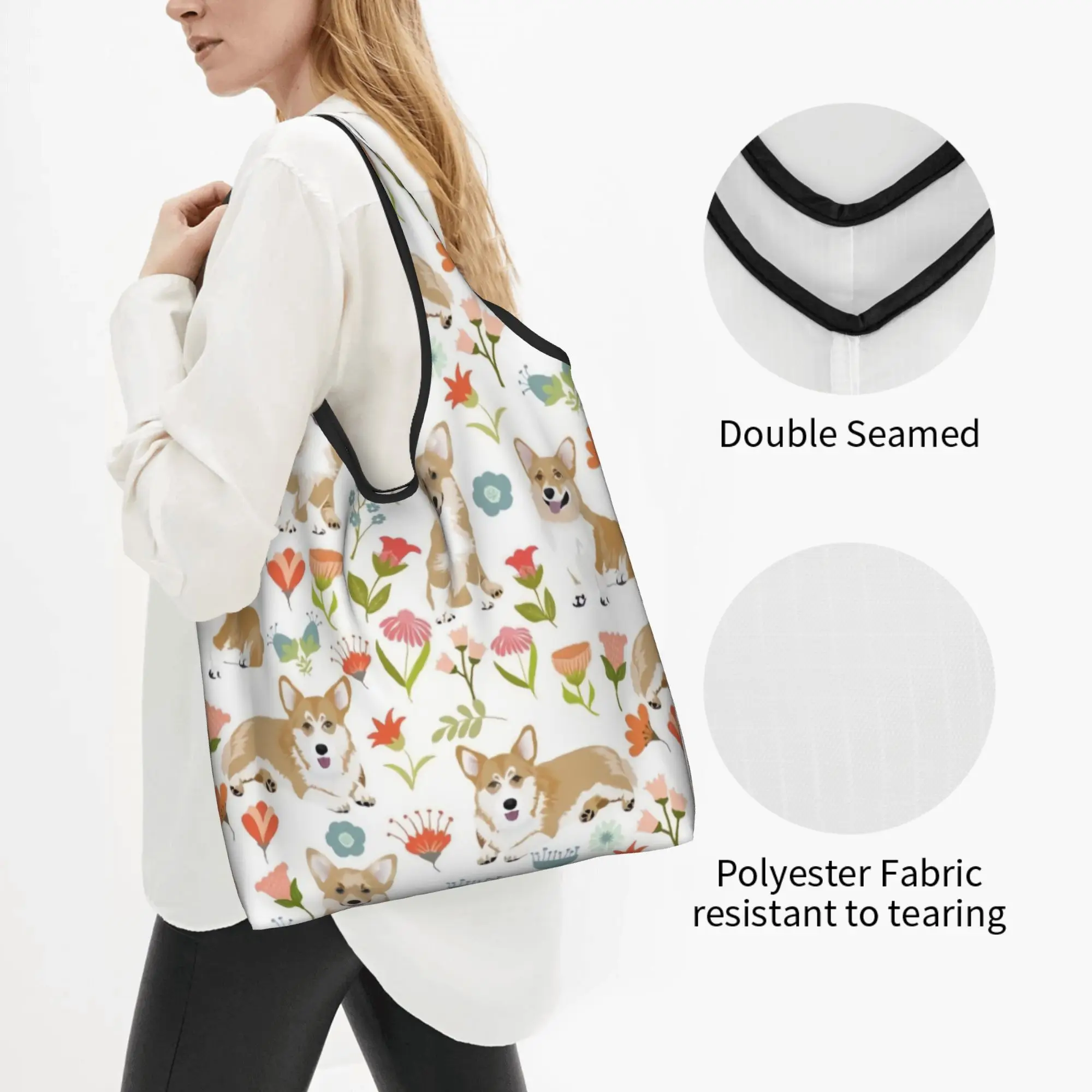 Corgi Dog And Flower  Grocery Shopping Tote Bag Women Kawaii  Shoulder Shopper Bag Big Capacity Handbags