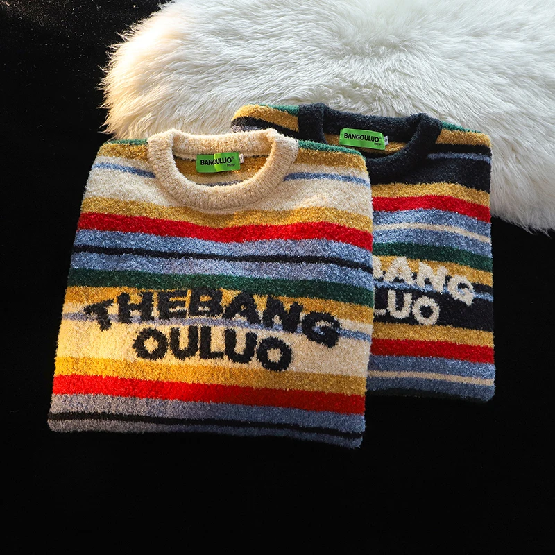 Sweater Men's Winter vintage striped letter jacquard couple knit