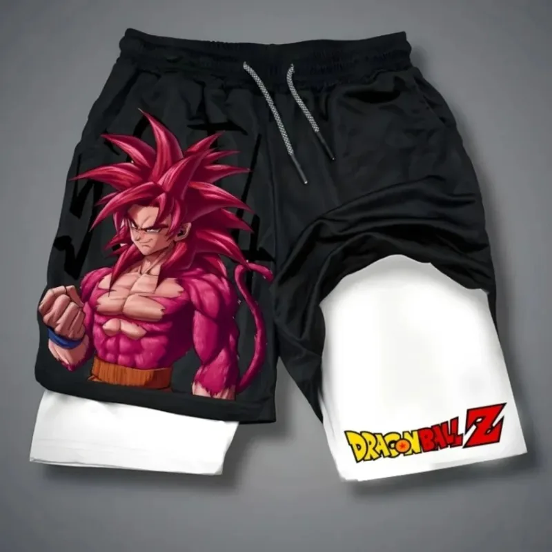 Pantaloncini estivi 2 in 1 da uomo Anime giapponesi Dragon Ball Z Super Saiyan 4 Goku Graphic Short Man Pantaloni sportivi a doppio ponte ad asciugatura rapida