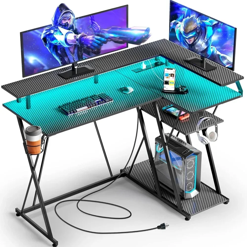 L Shaped Gaming Desk with LED Lights & Power Outlets, 43” Reversible Corner Desk with Storage Shelf