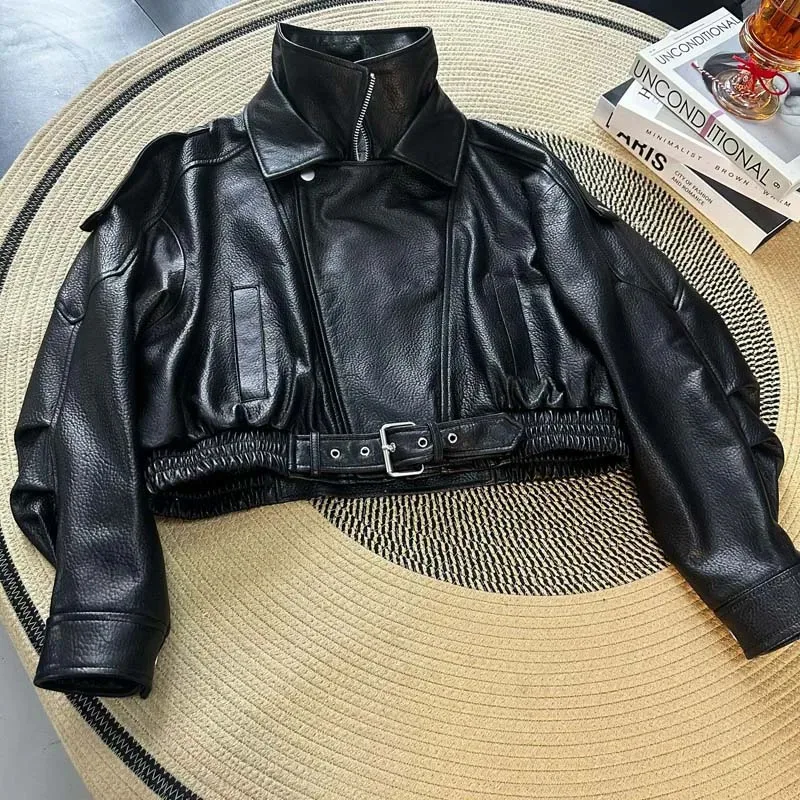 Kurze Damenjacke Frühling Herbst 2026 Neu Doppelkragen-Jacke Echtes Leder Motorrad-Stil Luxuriöse Damen-Oberbekleidung
