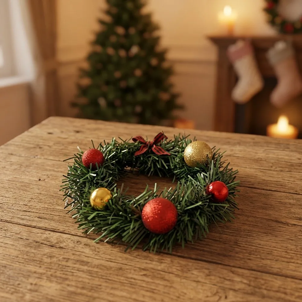 6PCS Artificial For Mini Wreath Ornaments for Christmas Faux Pine Branches Red Gold Baubles Plaid Bow for Table Shelf Display