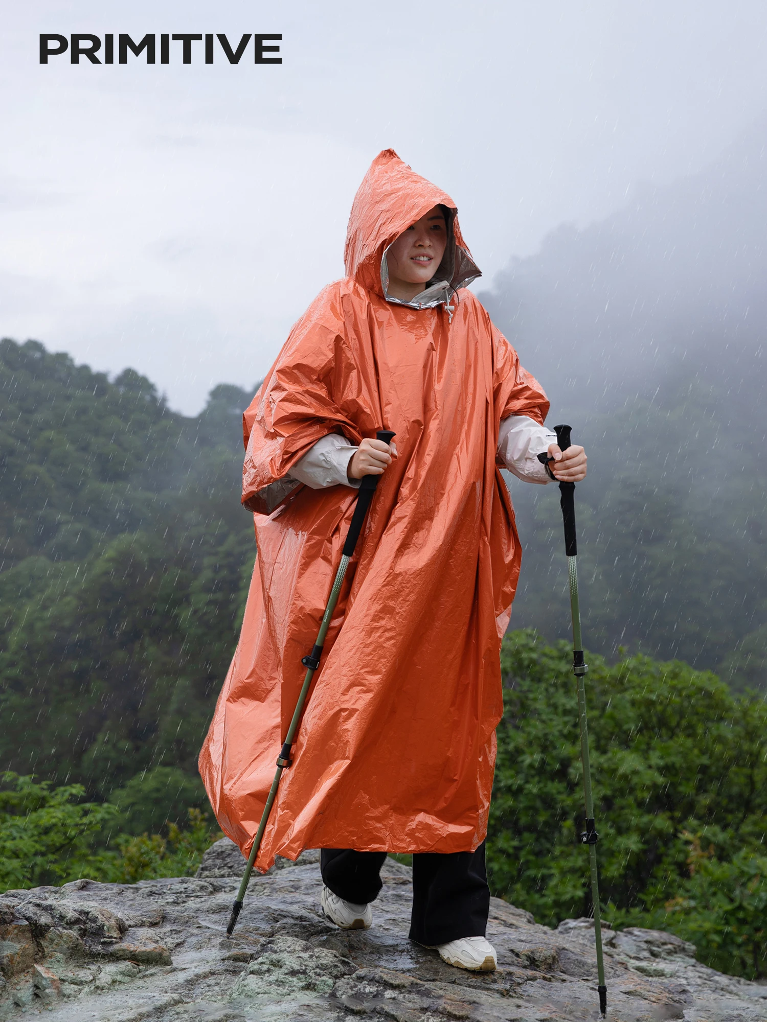 PRIMITIVE Packable Rain Poncho, Hooded, Lightweight Emergency Raincoat, Thickened, Windproof, Full-Body Raincoat, Outdoor Hiking