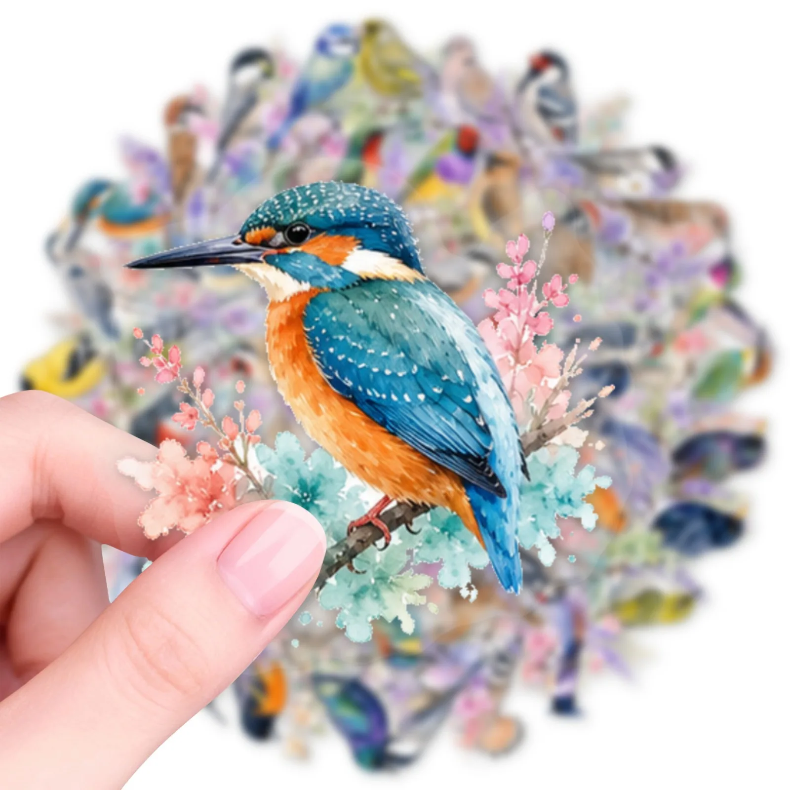 50 PCS Forest Watercolor Bird Transparent Stickers Colorful Little Bird Lavender Flower Artistic Decals DIY Scrapbook Fridge
