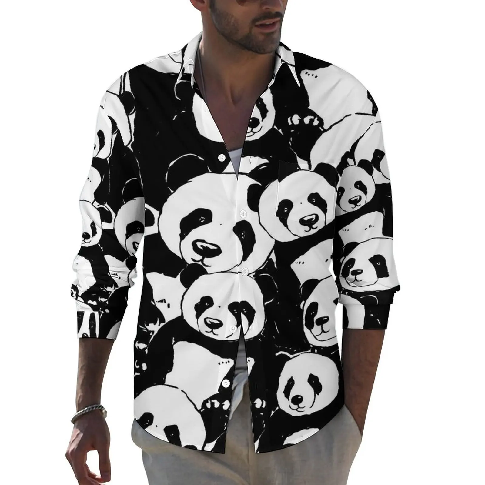 Black And White Panda Shirt Funny Animal Print Casual Shirts Male Vintage Blouses Long Sleeve Graphic Street Clothing Big Size