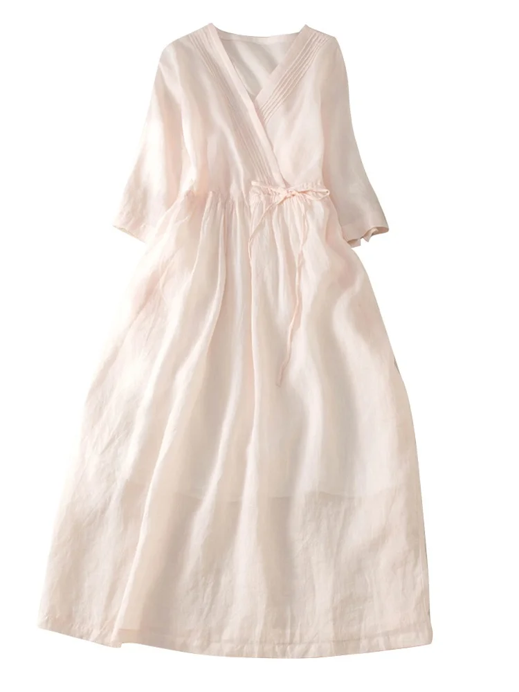 Vestido largo Retro de lino y aodón con cintura pada y cuello en V para mujer, falda acampanada a la moda de verano, ves...