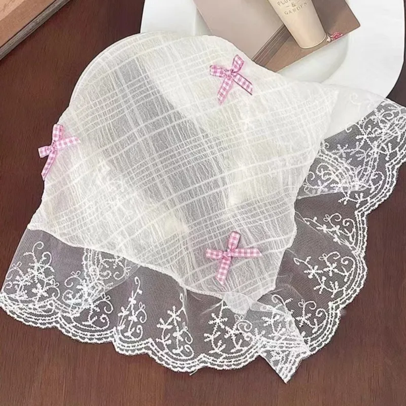 Korean Lace Bow Retro Triangular Scarf Solid Color Headscarf Trend Elegant Headwear for Women Girl Y2K Jewelry 2024 INS Bandana image 6