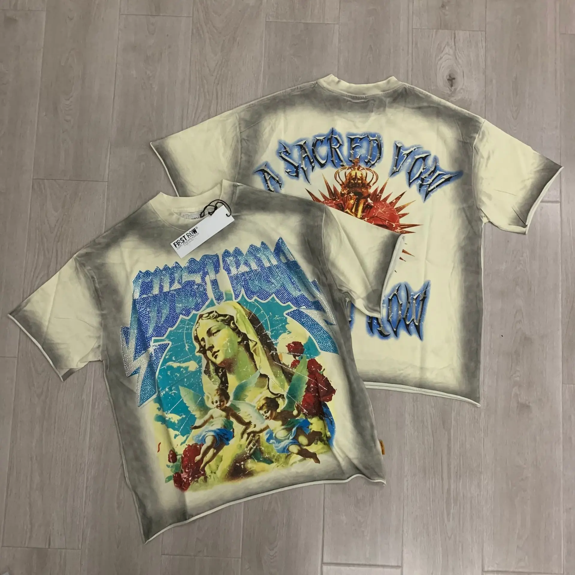 First Row Retro WAKE UP AND BE FIERCE FLAME TEE - Embroidered sequins, water-worn finish, distressed short-sleeved T-shirt