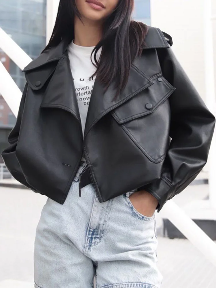 Ailegogo Streetwear damskie motocyklowe luźna krótka sztuczna kurtka ze sztucznej skóry wiosna jesień damski duża kieszeń płaszcz