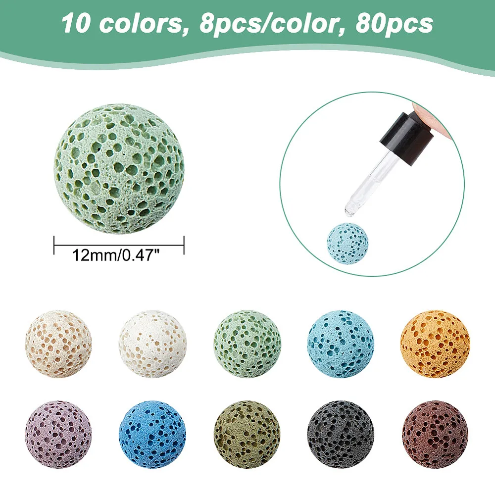 80 Pcs Lava Beads 10 Colors Round Lava Beads 12mm Unwaxed Lava Rock Loose Stone Spacer Beads for Essential Oil