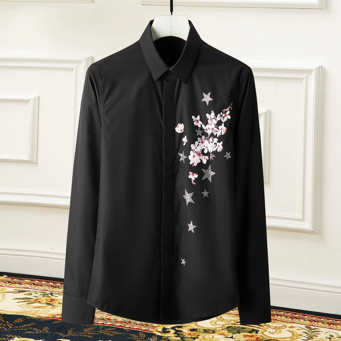 

Star Embroidered Flower Shirt Men Long Sleeve Business Dress Shirts Fashion Slim Fit Tuxedo Banquet Party Shirts Men Clothing