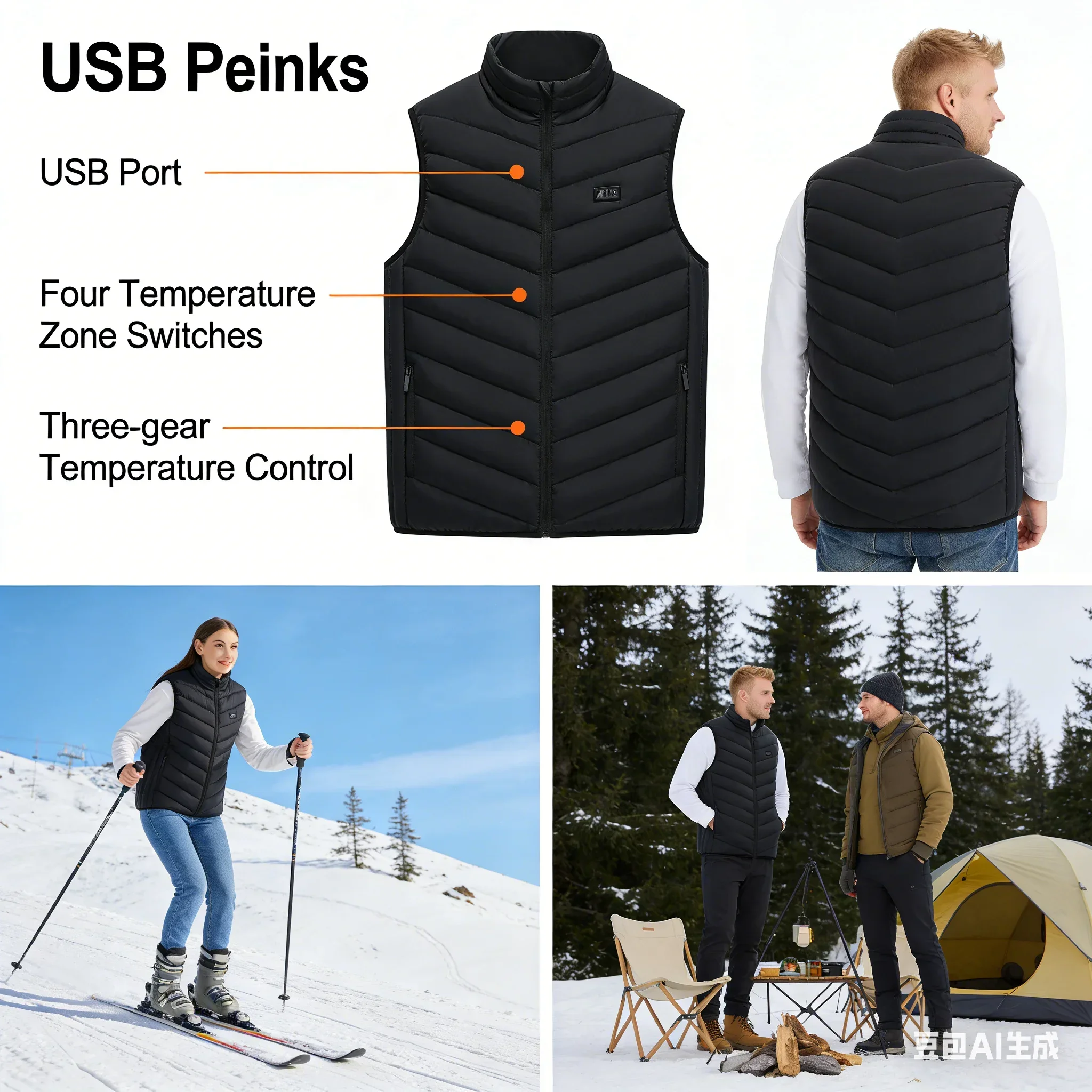 Winter Intelligent Heated Vest Fast Heating 26 Heating Zones 3 Temperature Settings 4-Zone Control USB Port for Men's Outdoor We